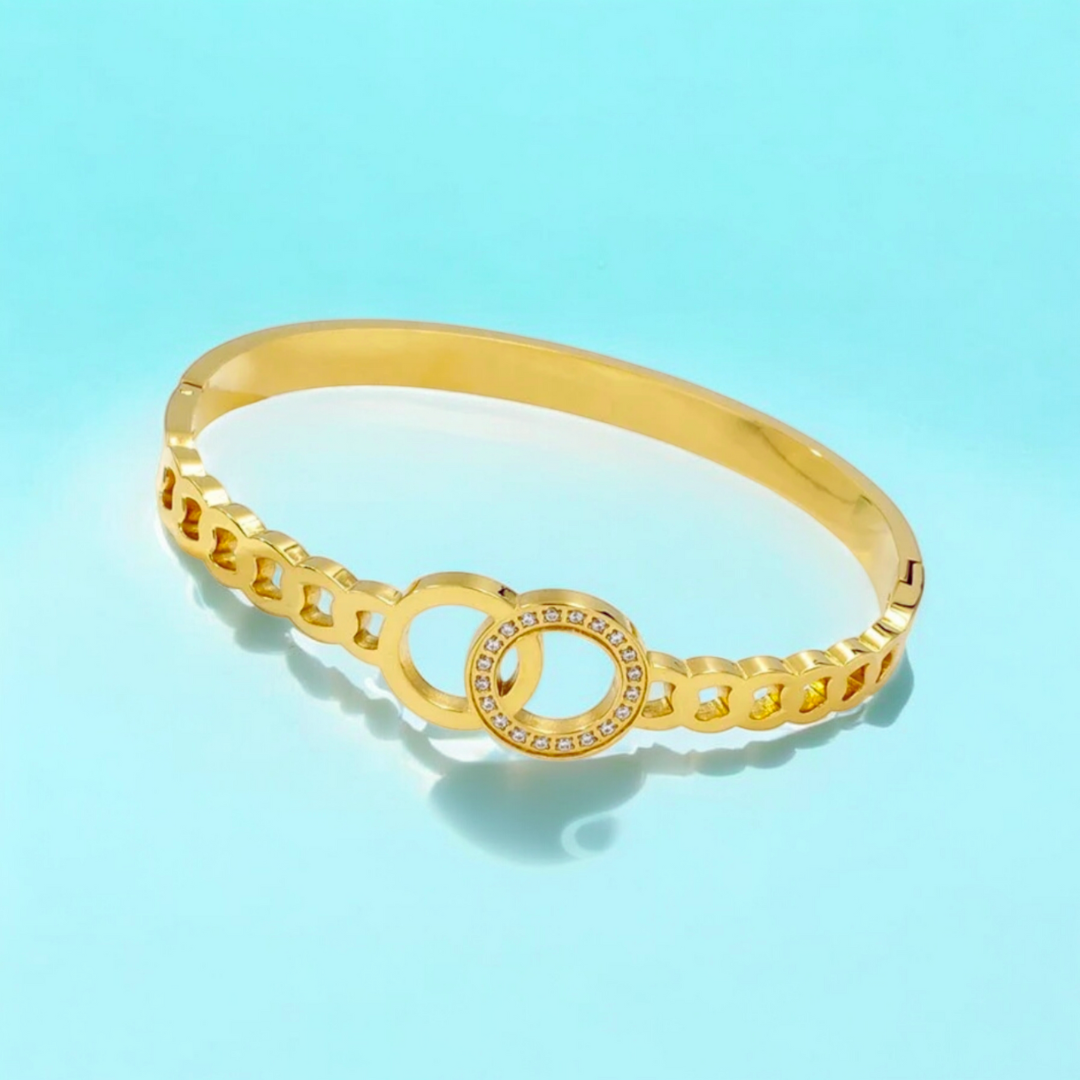 Callista | Gold Plated Interlocking Double Circles Zircon Cuff Bracelet Bangle