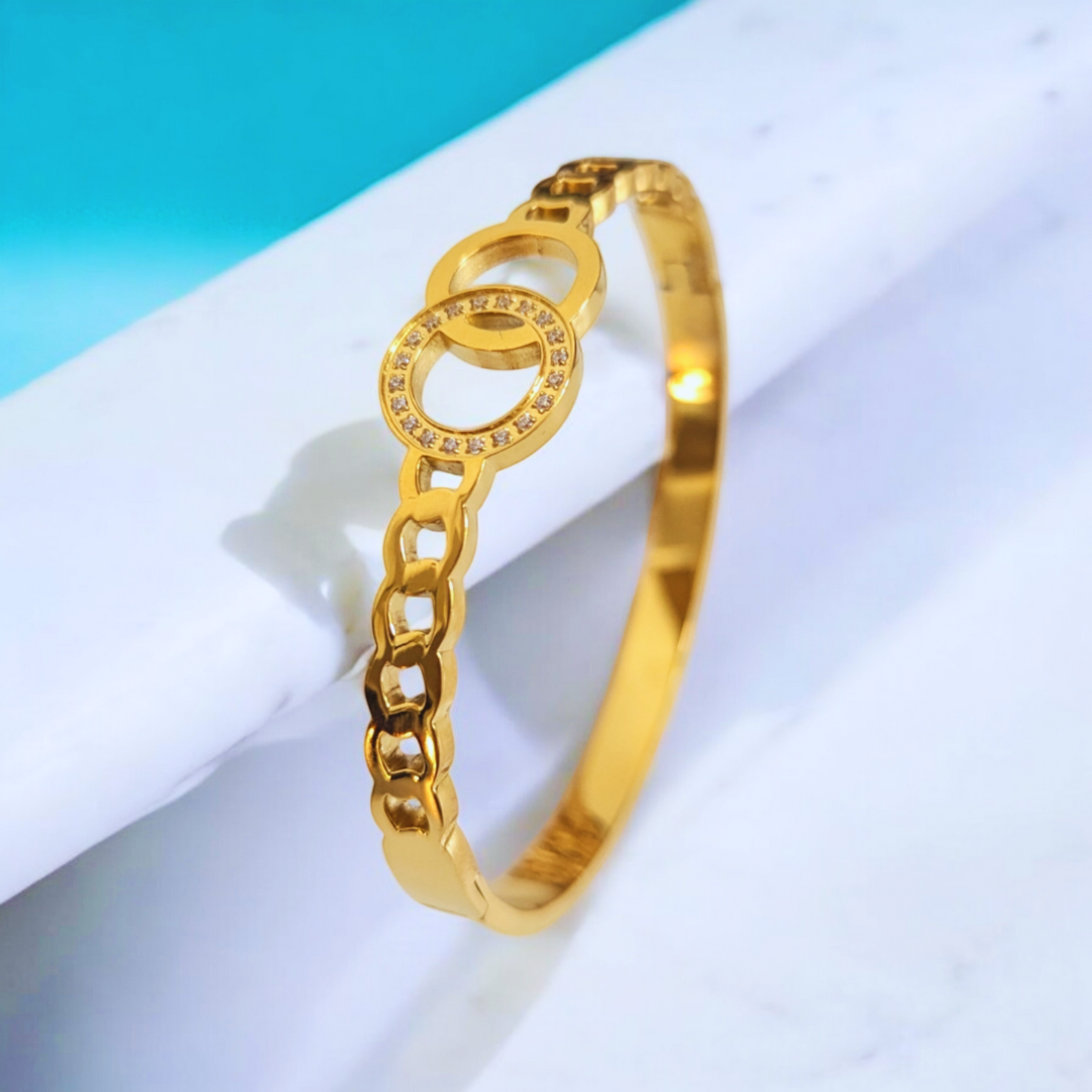 Callista | Gold Plated Interlocking Double Circles Zircon Cuff Bracelet Bangle