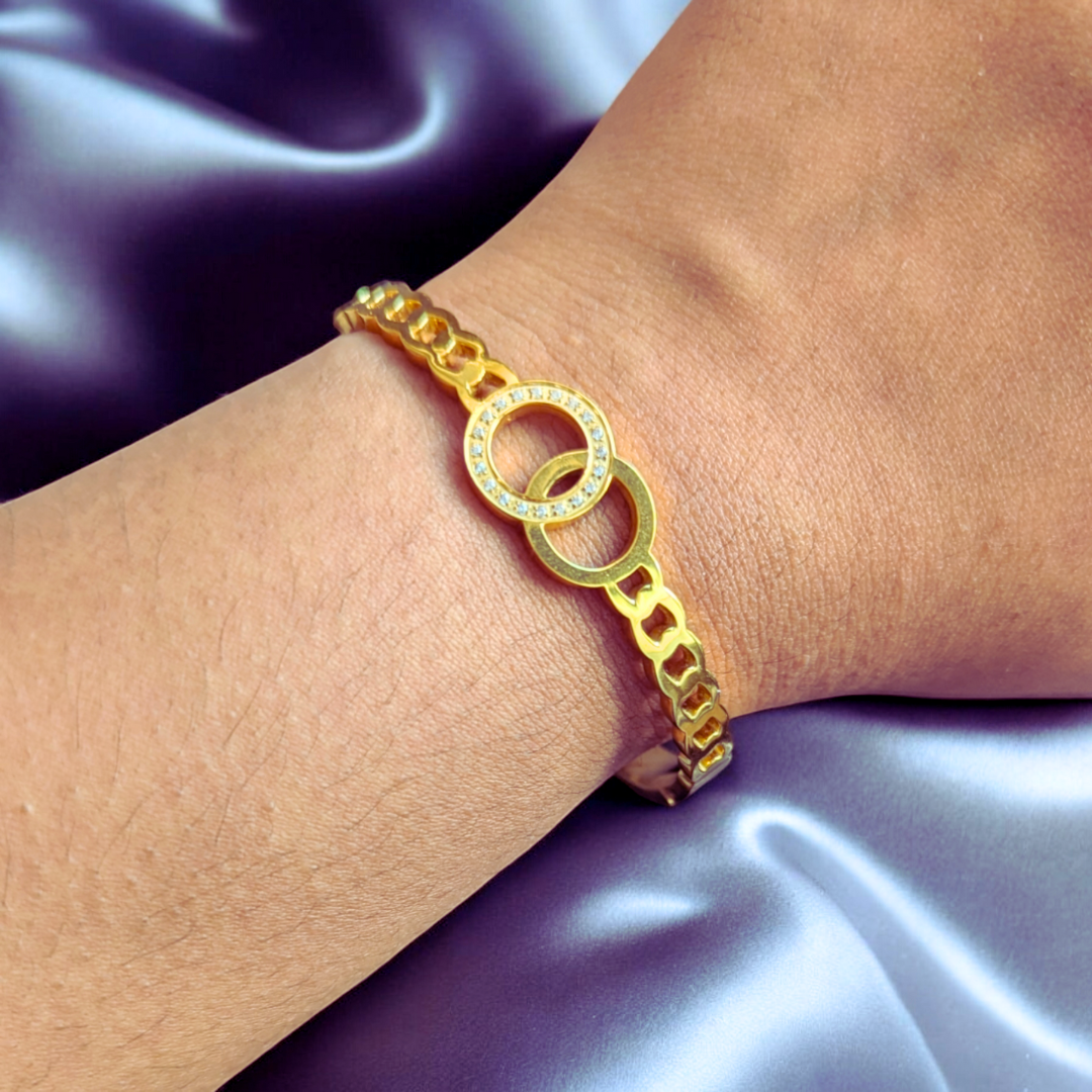Callista | Gold Plated Interlocking Double Circles Zircon Cuff Bracelet Bangle