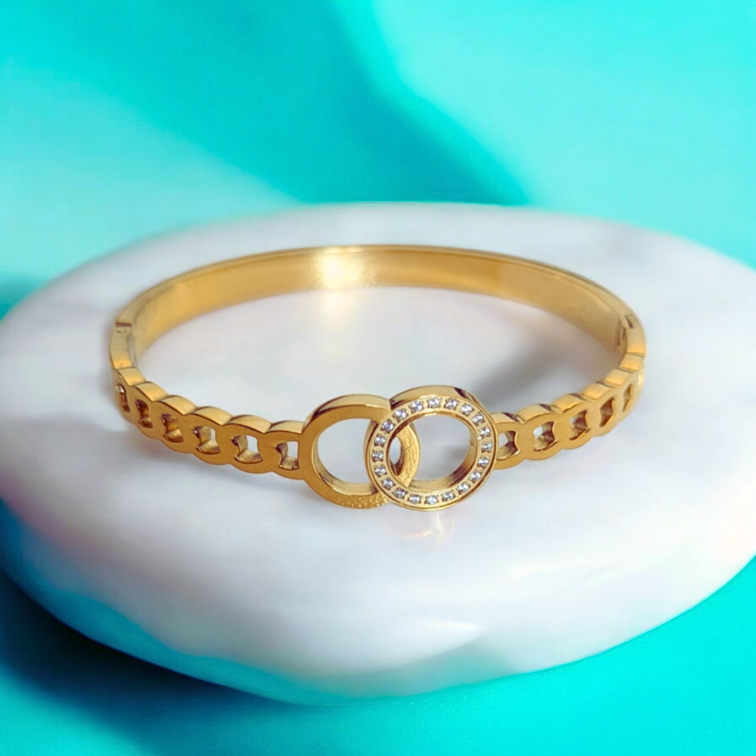 Callista | Gold Plated Interlocking Double Circles Zircon Cuff Bracelet Bangle