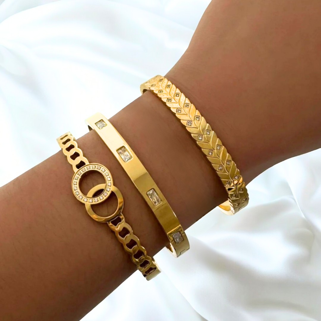 Callista | Gold Plated Interlocking Double Circles Zircon Cuff Bracelet Bangle