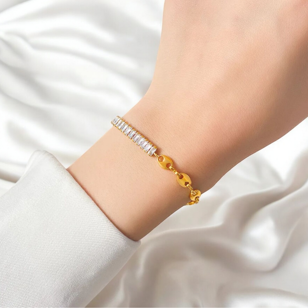 Giselle | Gold Plated Coffee Bean Link Bracelet with Zircons