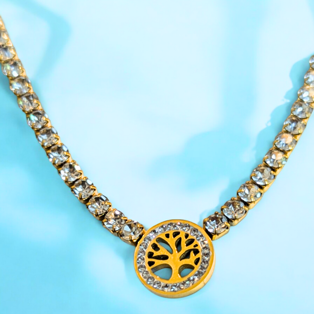 Cambria | Gold Plated Tree of Life Waterproof Tennis Necklace with Zircons
