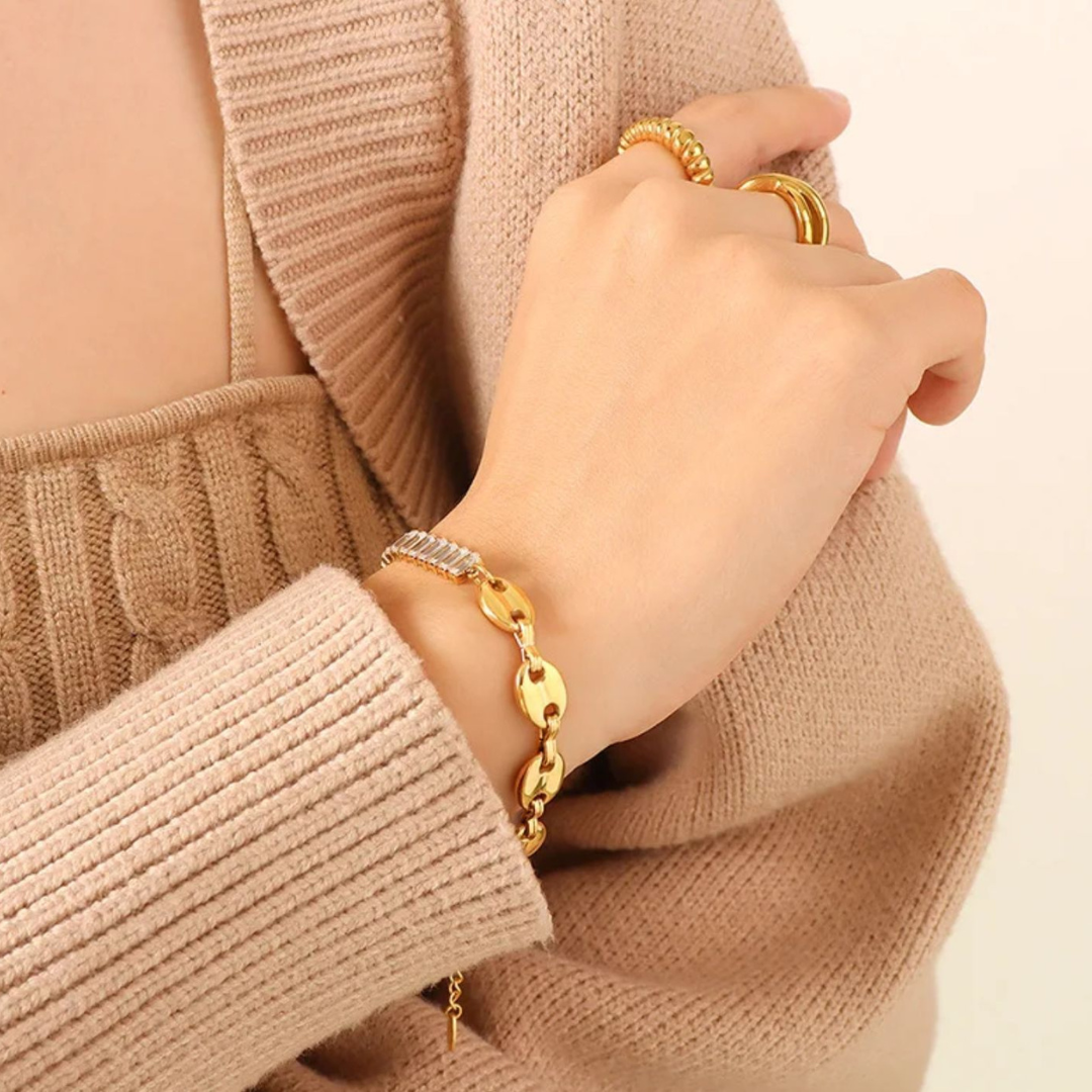 Giselle | Gold Plated Coffee Bean Link Bracelet with Zircons