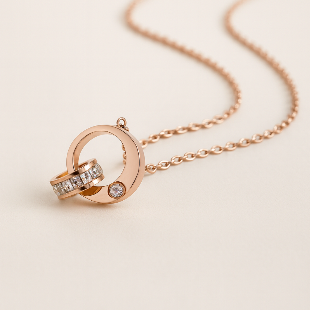 Lyra | Rose Gold (18k) Plated Double Interlocking Circles Pendant Waterproof Necklace with Zircons