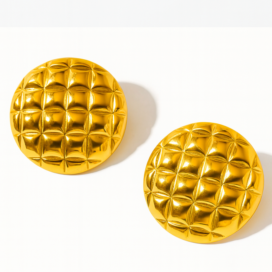 Lunette | 18K Gold Plated Round Checkered Rhombus Stud Waterproof Earrings