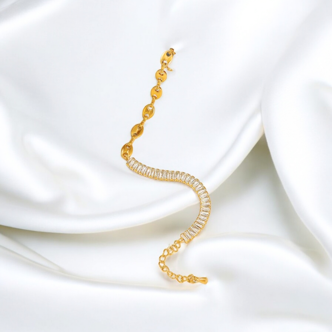 Giselle | Gold Plated Coffee Bean Link Bracelet with Zircons