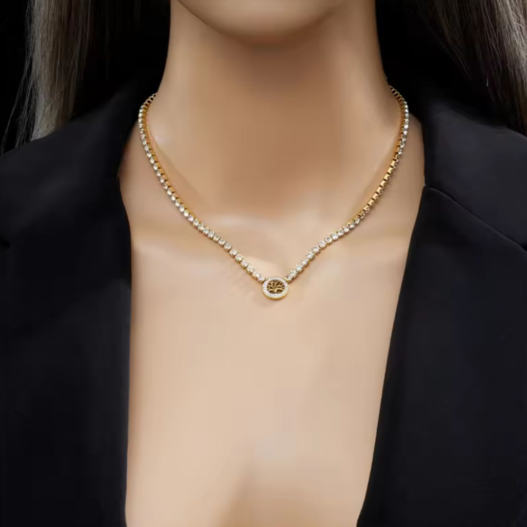 Cambria | Gold Plated Tree of Life Waterproof Tennis Necklace with Zircons