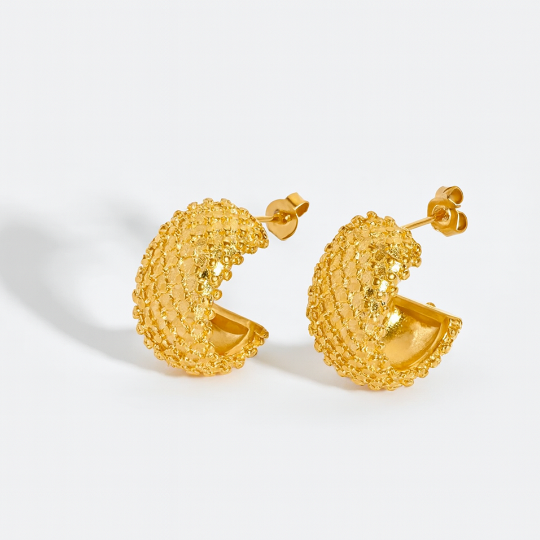 Renelle | 18K Gold Plated Pineapple Mesh C Shaped Cuff Waterproof Earrings