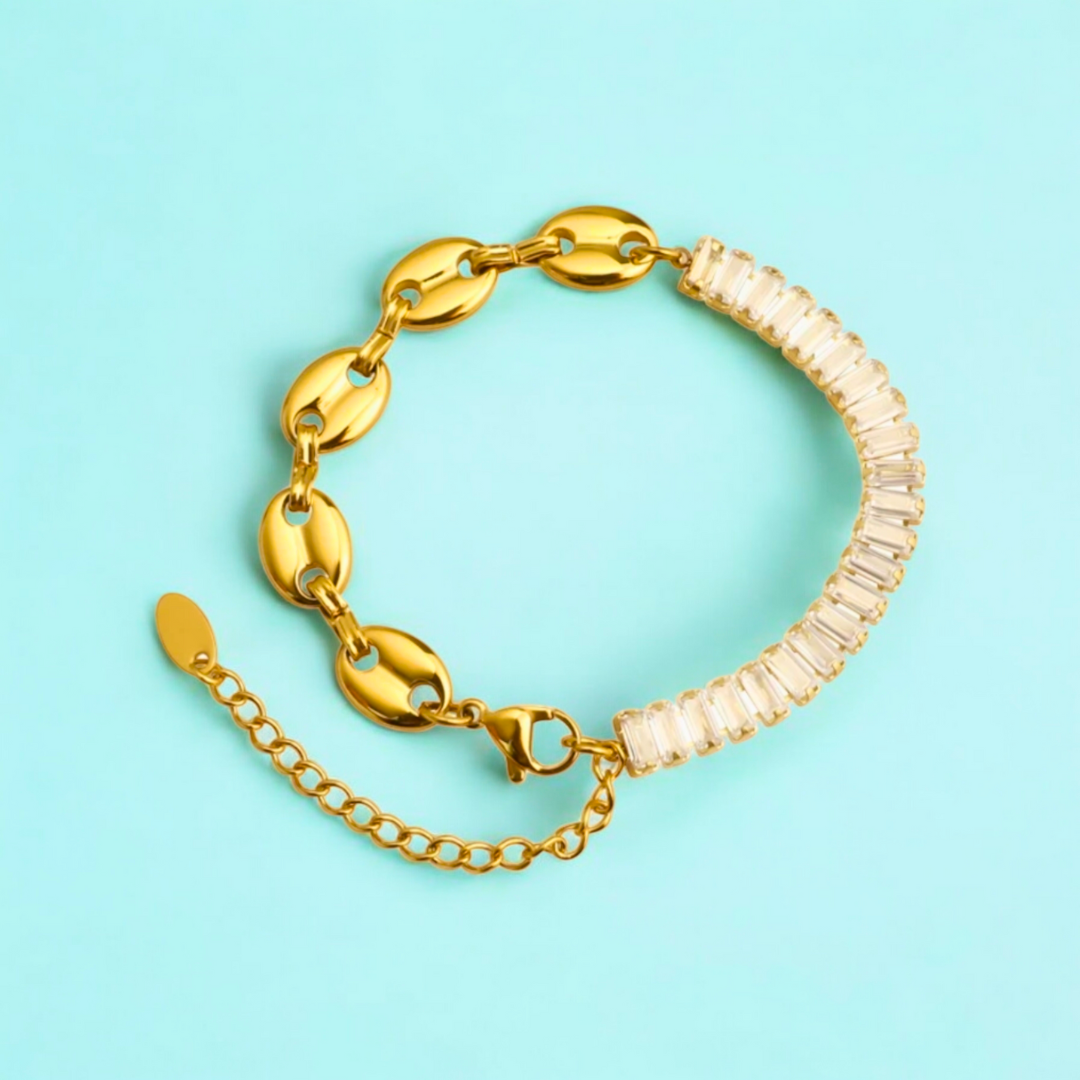 Giselle | Gold Plated Coffee Bean Link Bracelet with Zircons