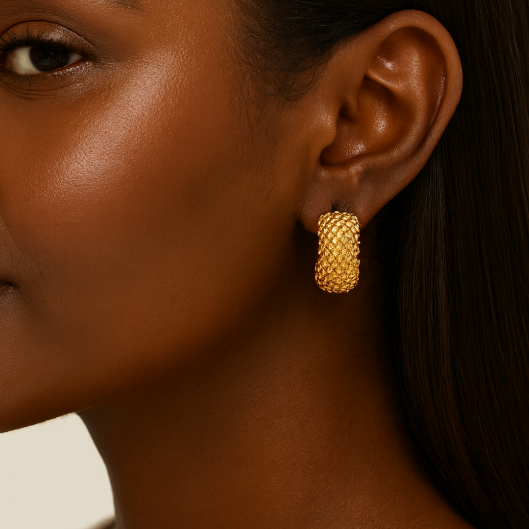 Renelle | 18K Gold Plated Pineapple Mesh C Shaped Cuff Waterproof Earrings