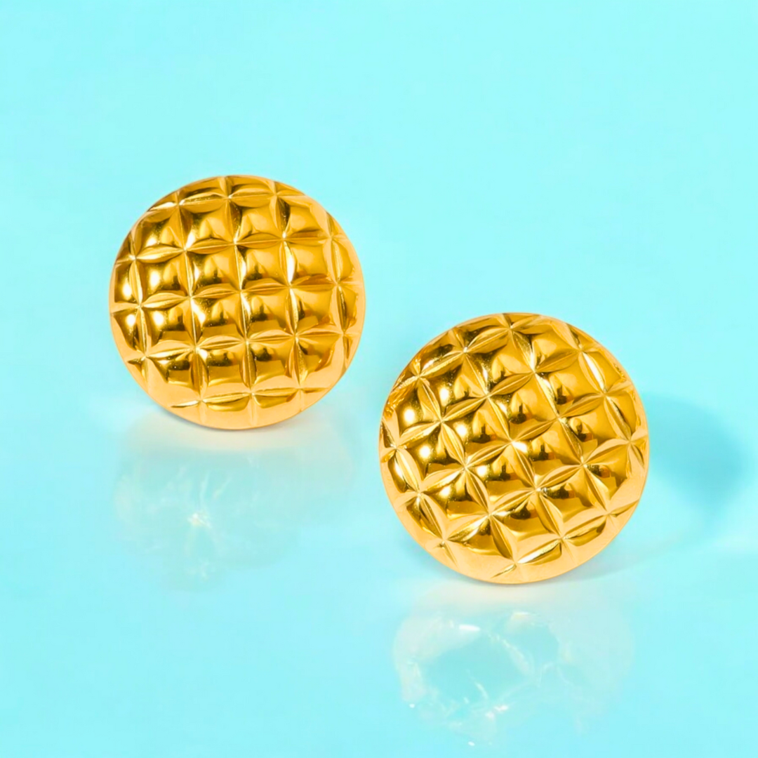 Lunette | 18K Gold Plated Round Checkered Rhombus Stud Waterproof Earrings