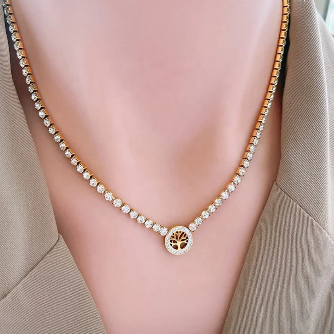 Cambria | Gold Plated Tree of Life Waterproof Tennis Necklace with Zircons
