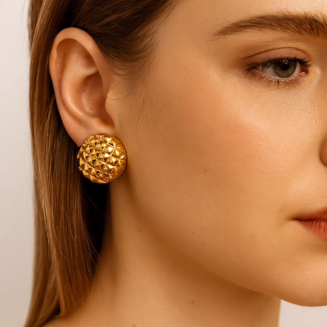 Lunette | 18K Gold Plated Round Checkered Rhombus Stud Waterproof Earrings