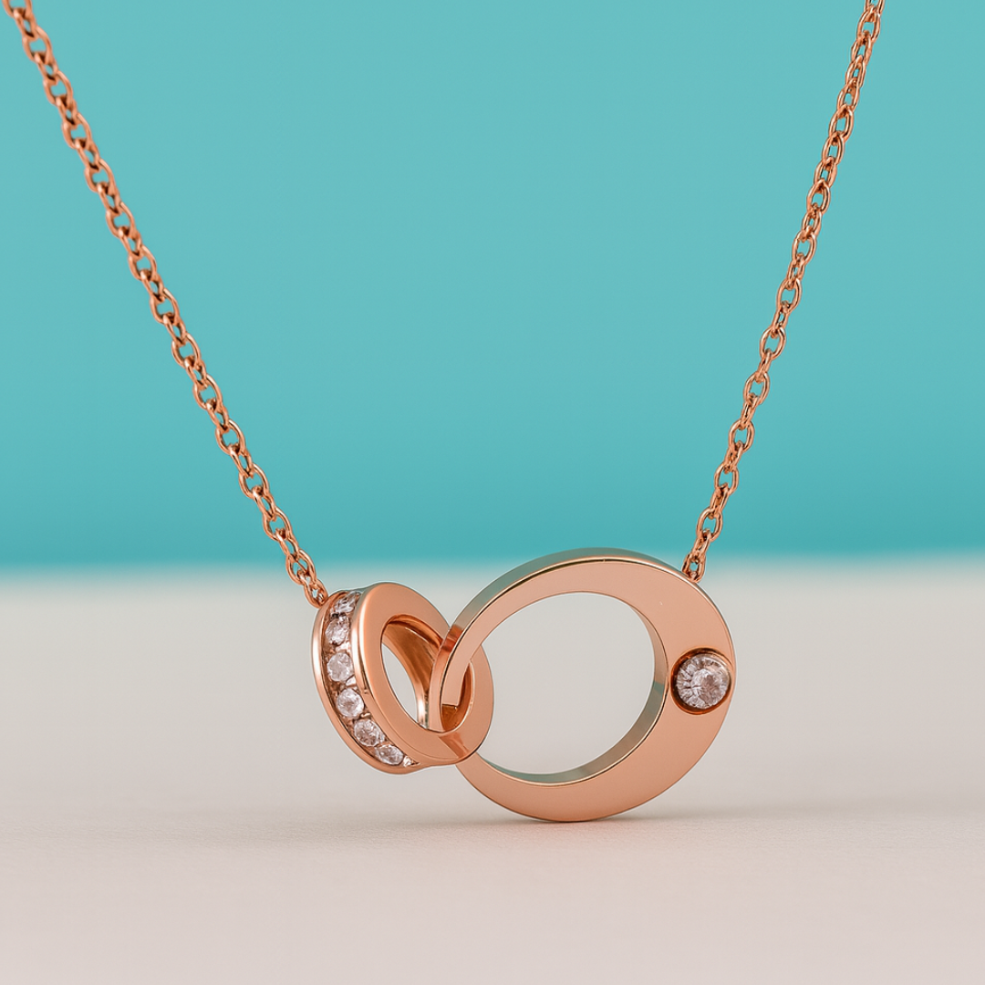 Lyra | Rose Gold (18k) Plated Double Interlocking Circles Pendant Waterproof Necklace with Zircons