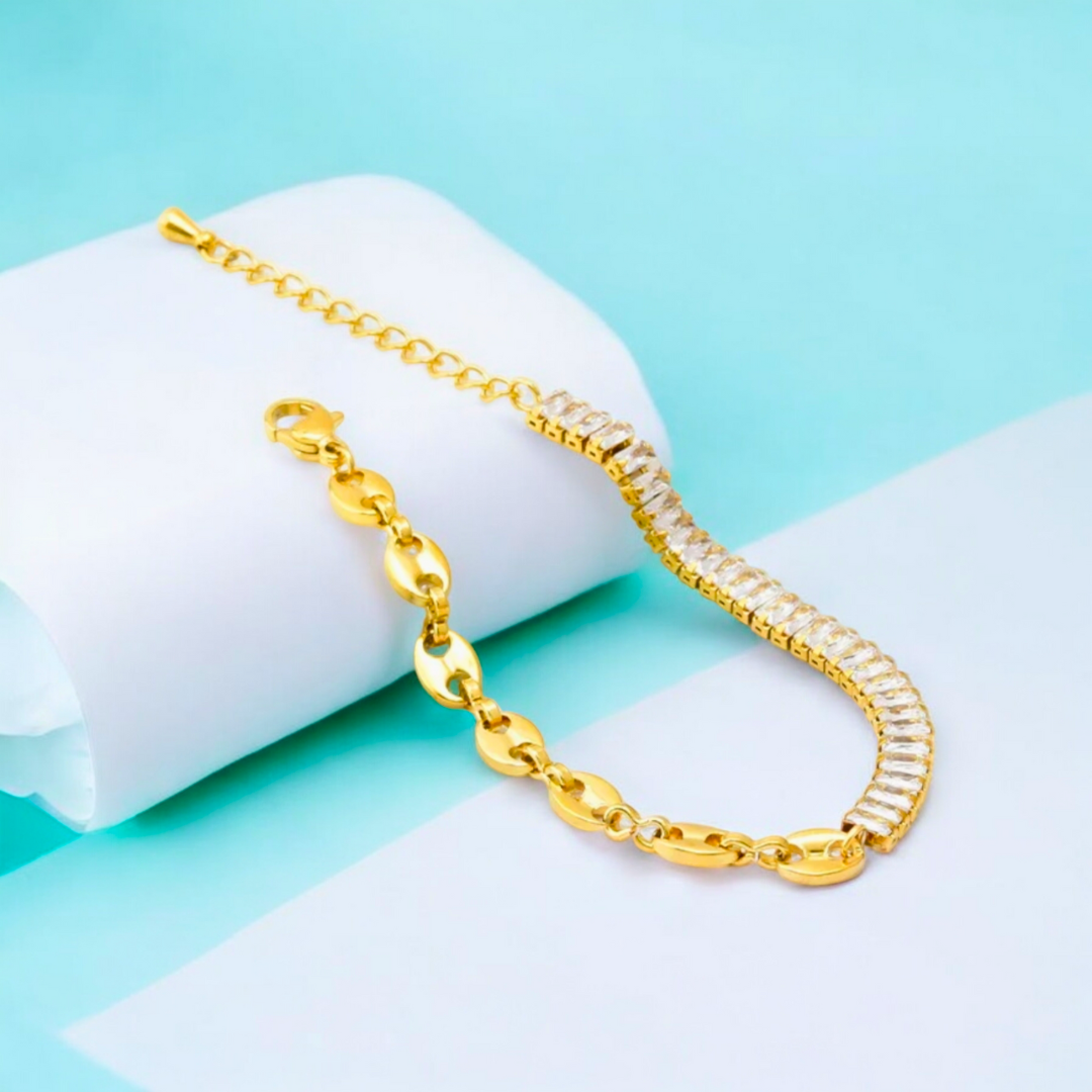 Giselle | Gold Plated Coffee Bean Link Bracelet with Zircons
