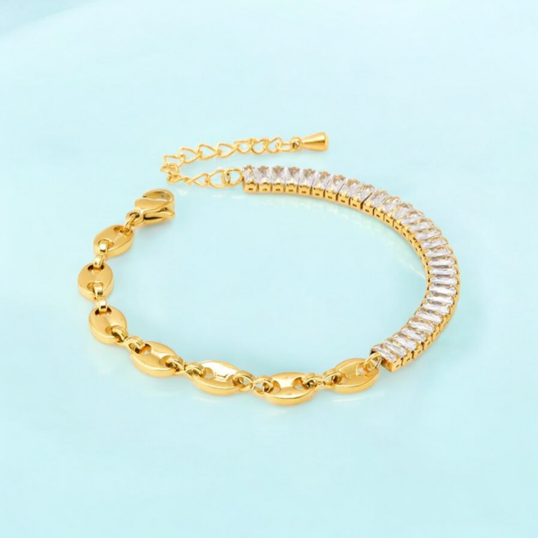 Giselle | Gold Plated Coffee Bean Link Bracelet with Zircons
