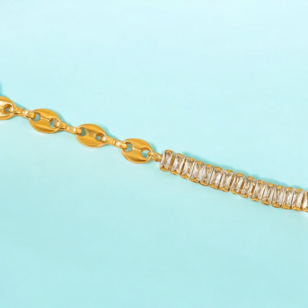 Giselle | Gold Plated Coffee Bean Link Bracelet with Zircons