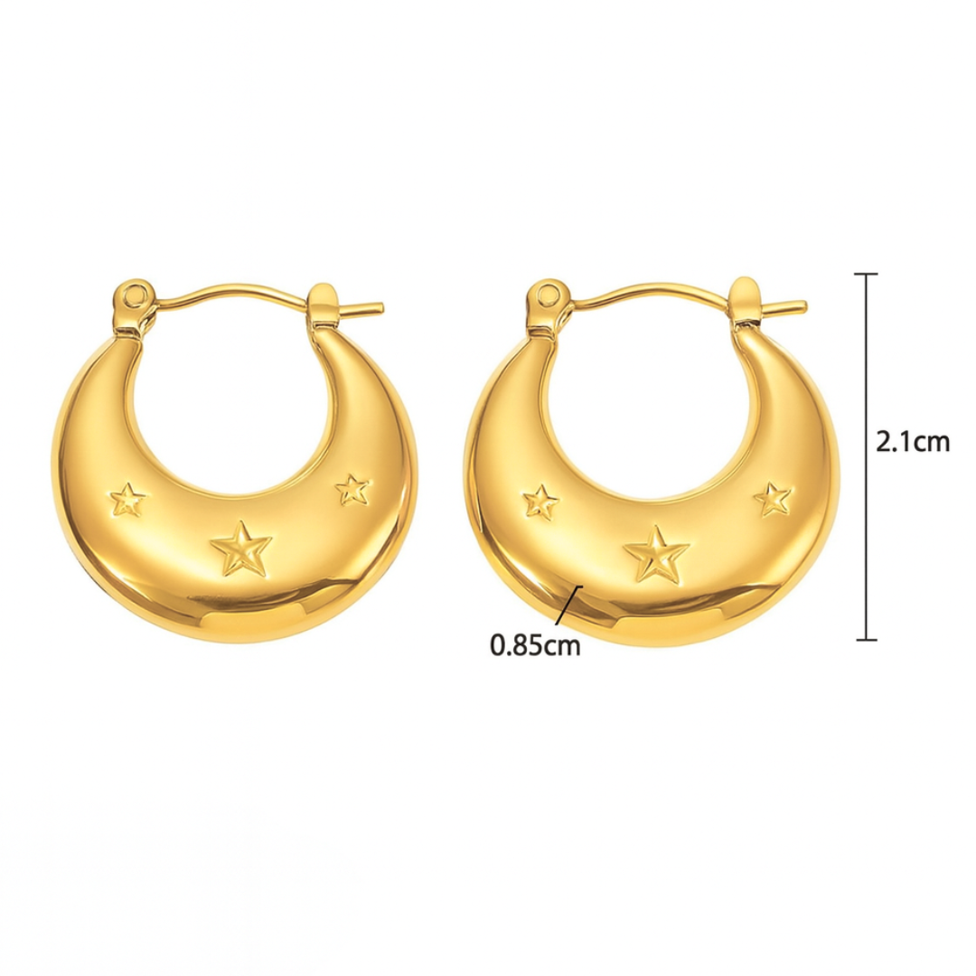 Arletta | 18K Gold Plated Star Carved Crescent Moon Hoop Waterproof Earrings