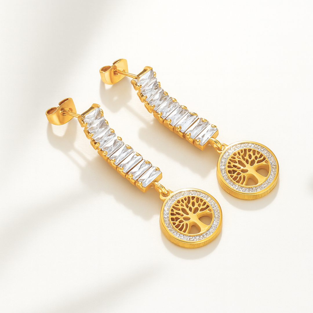 Renata | 18K Gold Plated Tree of Life Zircon Dangle Drop Waterproof Earrings