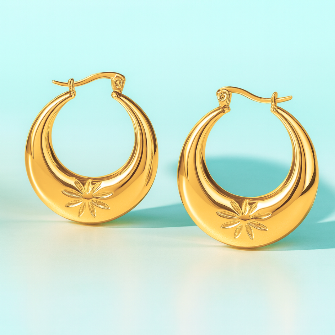 Lucy | 18K Gold Plated Circular Flower Carved Hoop Waterproof Earrings