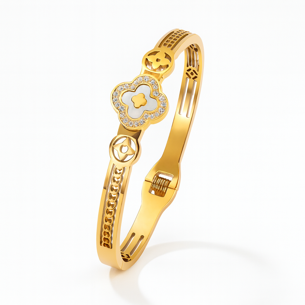 Erin | Gold Plated White Clover charm Zircon Cuff Bracelet Bangle