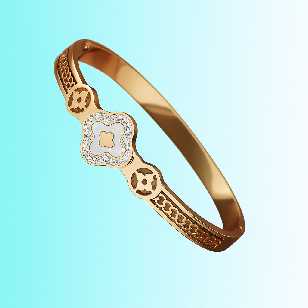 Erin | Gold Plated White Clover charm Zircon Cuff Bracelet Bangle