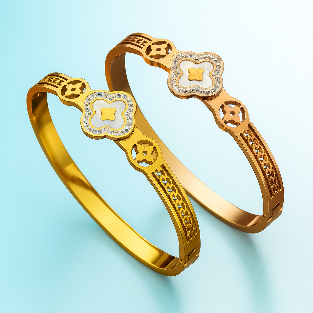 Erin | Gold Plated White Clover charm Zircon Cuff Bracelet Bangle