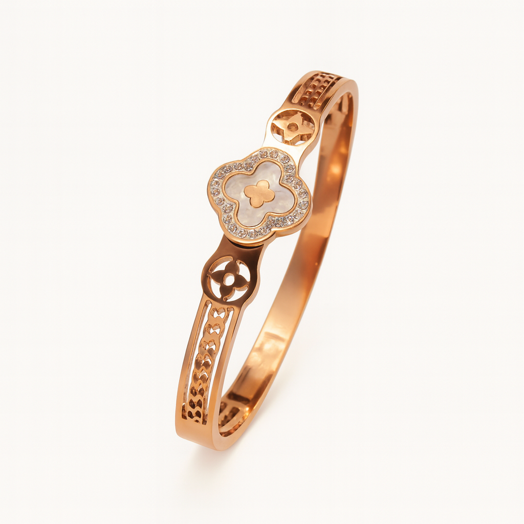 Erin | Gold Plated White Clover charm Zircon Cuff Bracelet Bangle