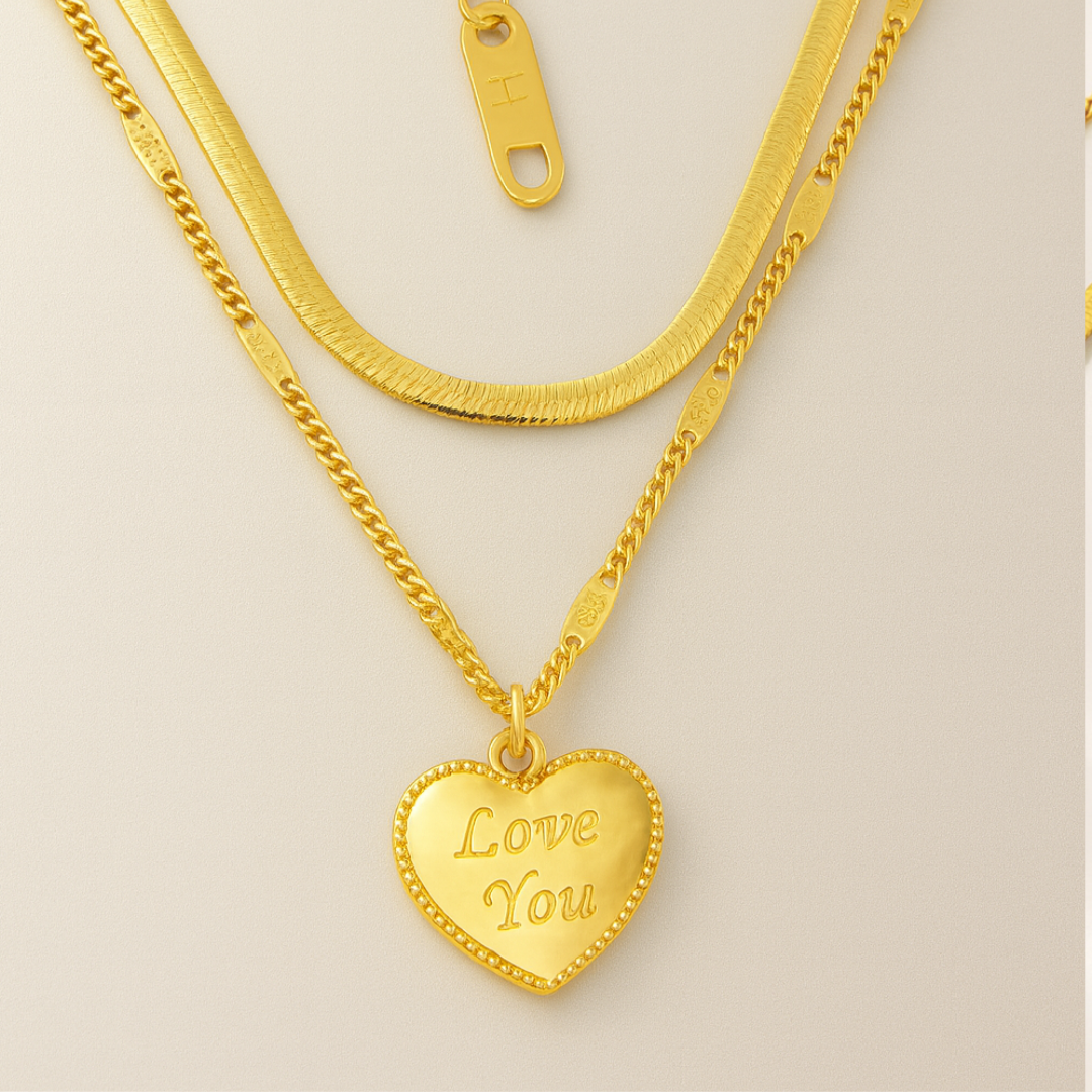 Ariat | Gold (18K) Plated Heart Double Layered Flat Snake with Zircon Chain Waterproof Necklace