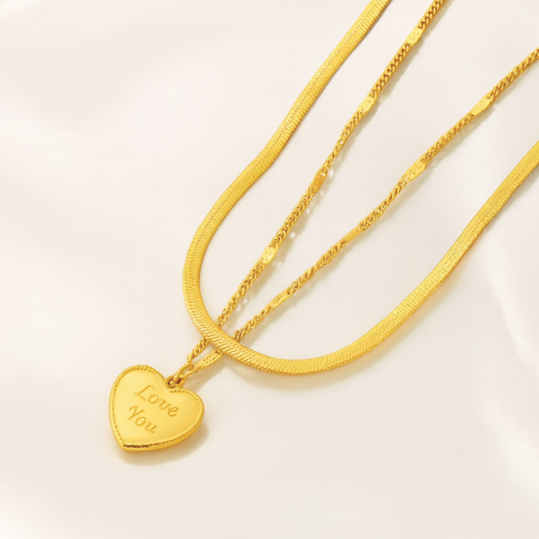 Ariat | Gold (18K) Plated Heart Double Layered Flat Snake with Zircon Chain Waterproof Necklace
