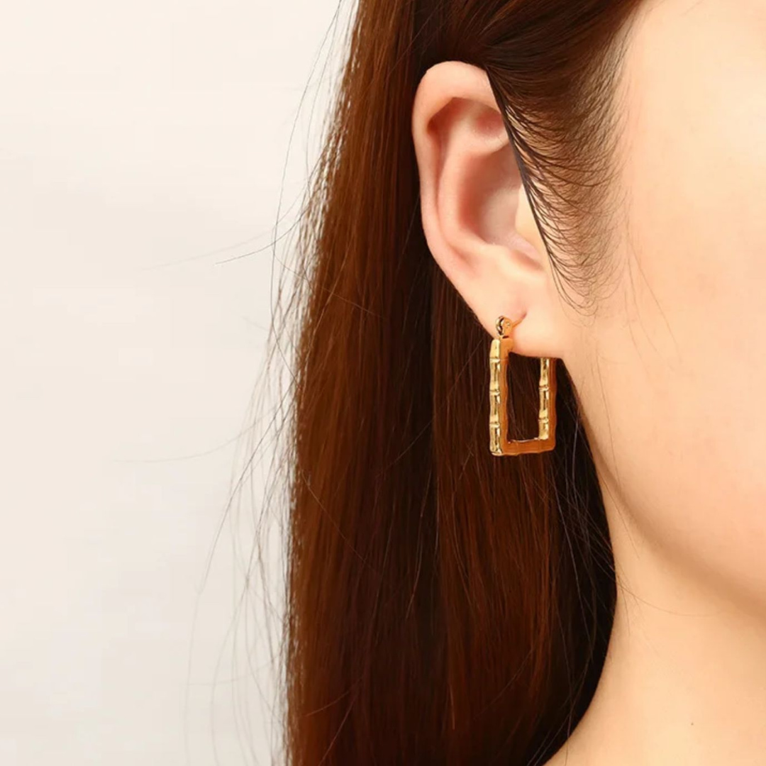 Daphne | Gold Plated Bamboo Design Rectangular Hoop Earrings