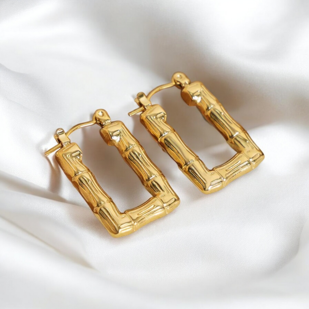 Daphne | Gold Plated Bamboo Design Rectangular Hoop Earrings