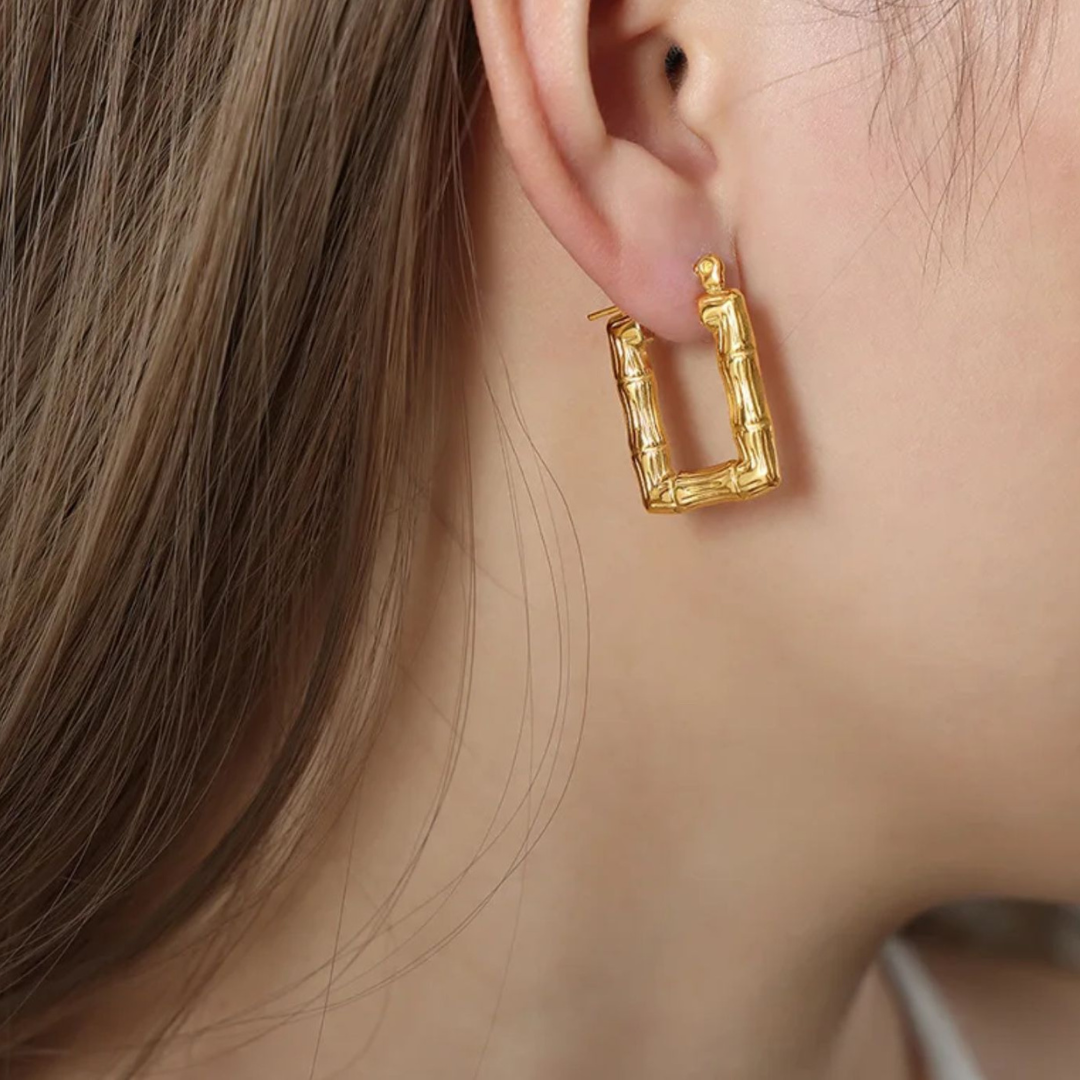 Daphne | Gold Plated Bamboo Design Rectangular Hoop Earrings