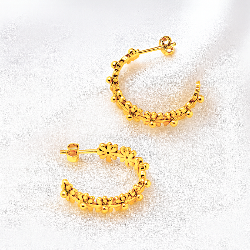 Tina | 18K Gold Plated Flower Motif C Shaped Hoop Waterproof Earrings