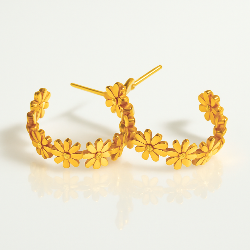 Tina | 18K Gold Plated Flower Motif C Shaped Hoop Waterproof Earrings