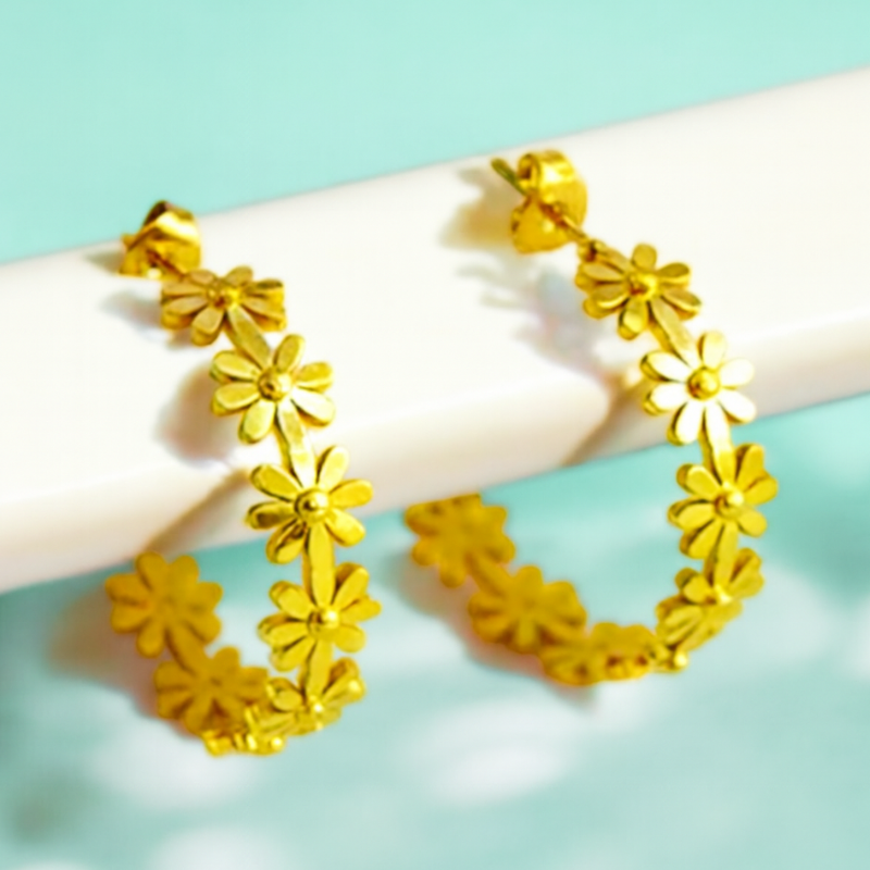 Tina | 18K Gold Plated Flower Motif C Shaped Hoop Waterproof Earrings