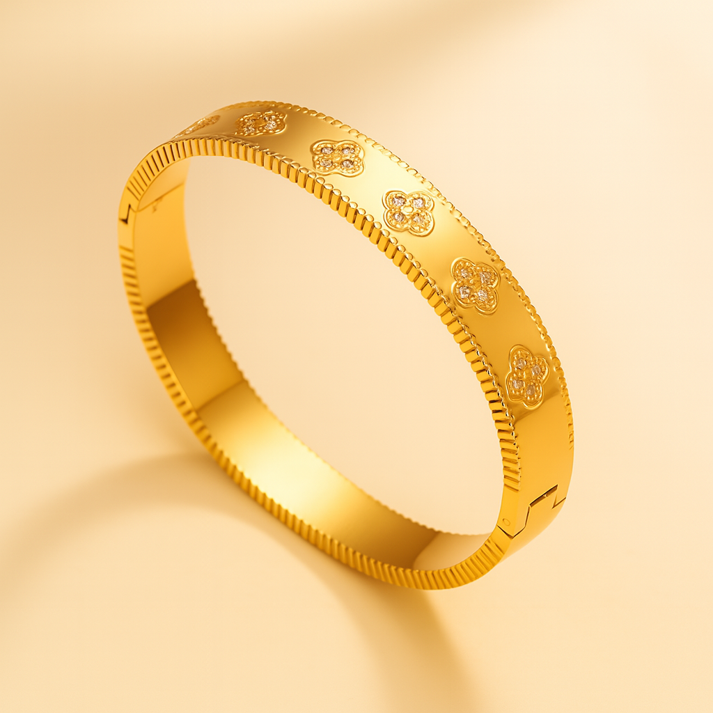 Christine | Gold Plated Four-Leaf Clover Cuff Bracelet Bangle