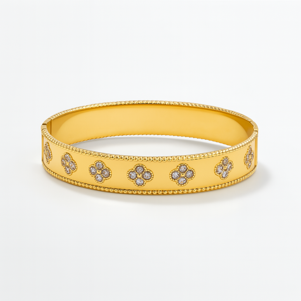 Christine | Gold Plated Four-Leaf Clover Cuff Bracelet Bangle