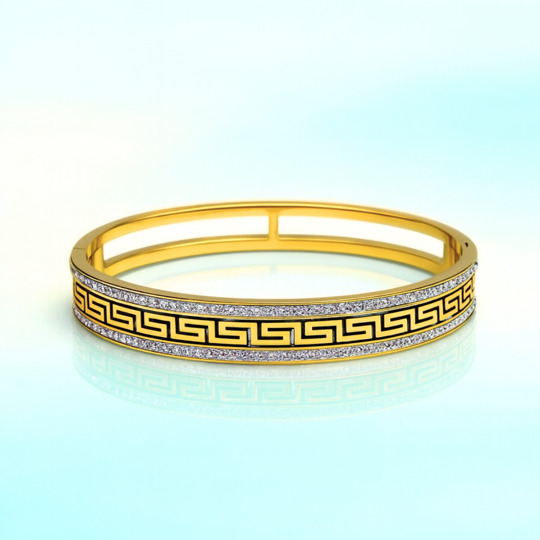 Tatiana | Gold Plated Greek Key Greatwall Zircon Cuff Bracelet Bangle