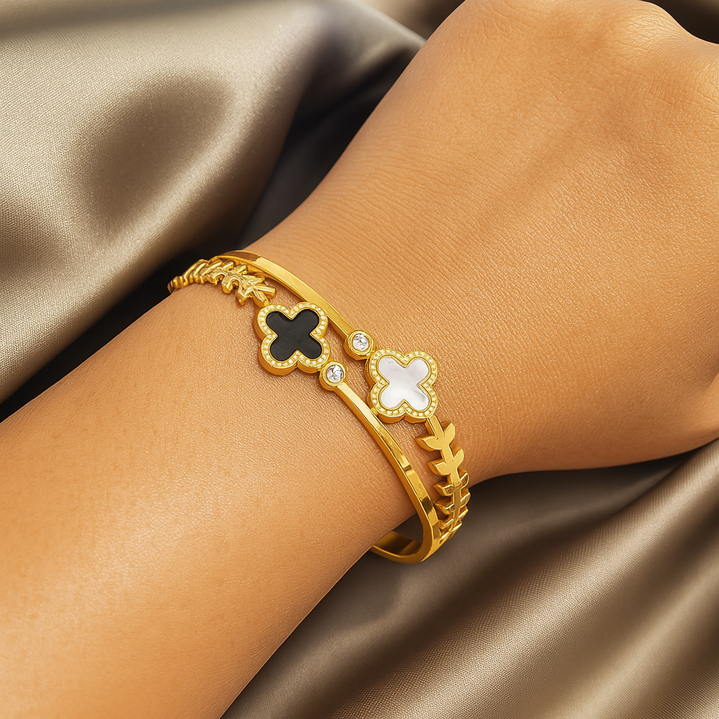 Arabelle | Gold & Rose Gold Plated White and Black Zircon Four-Leaf Clover Bangle Bracelet