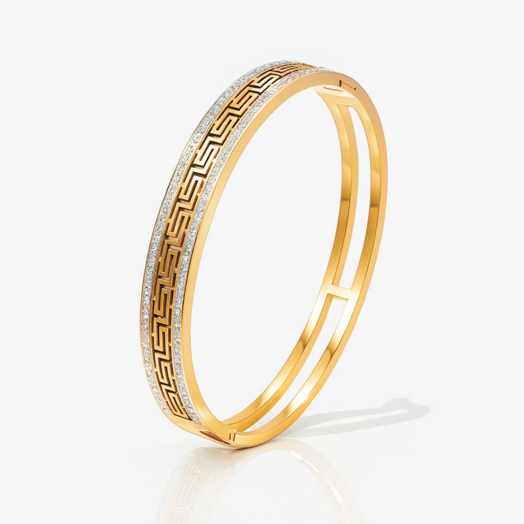 Tatiana | Gold Plated Greek Key Greatwall Zircon Cuff Bracelet Bangle