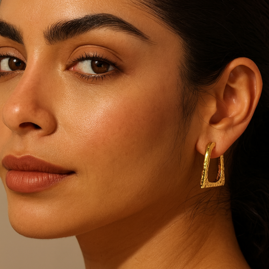 Ellie | 18K Gold Plated Hammered Square Dangle Hoop Waterproof Earrings