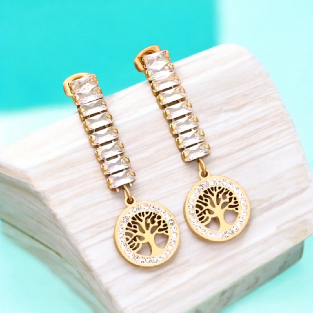 Renata | 18K Gold Plated Tree of Life Zircon Dangle Drop Waterproof Earrings