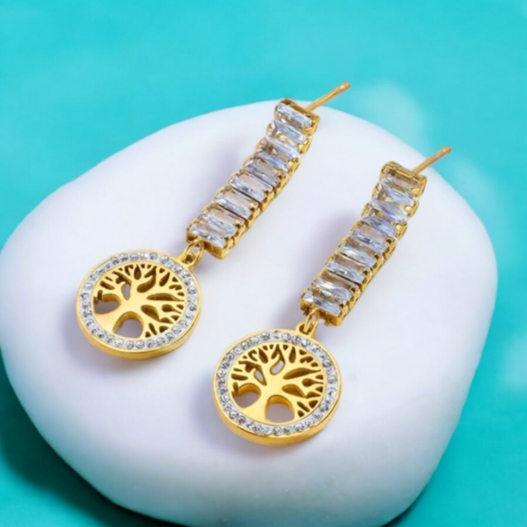 Renata | 18K Gold Plated Tree of Life Zircon Dangle Drop Waterproof Earrings