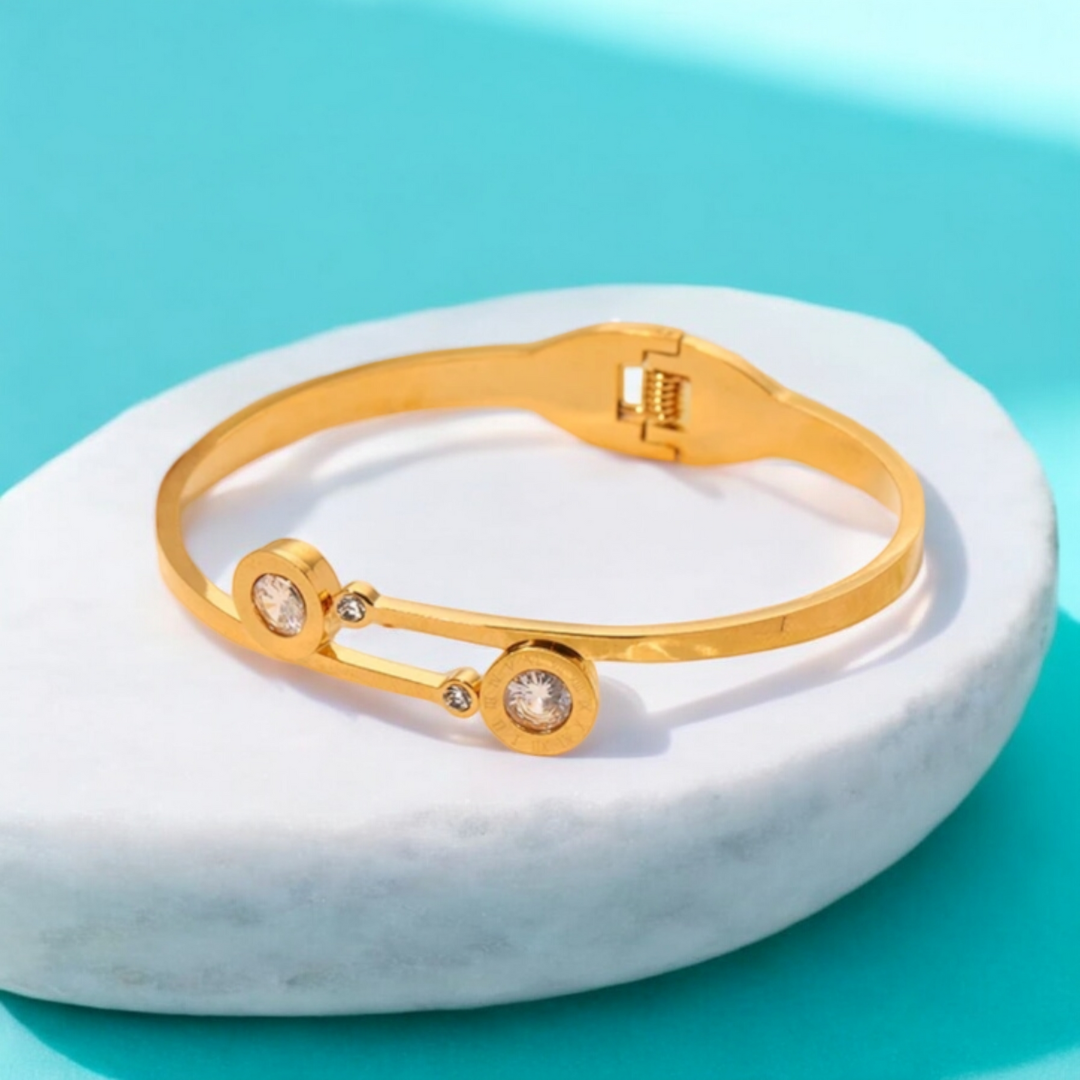 Steffi | Gold Plated Roman Numeral Zircon Cuff Bracelet Bangle