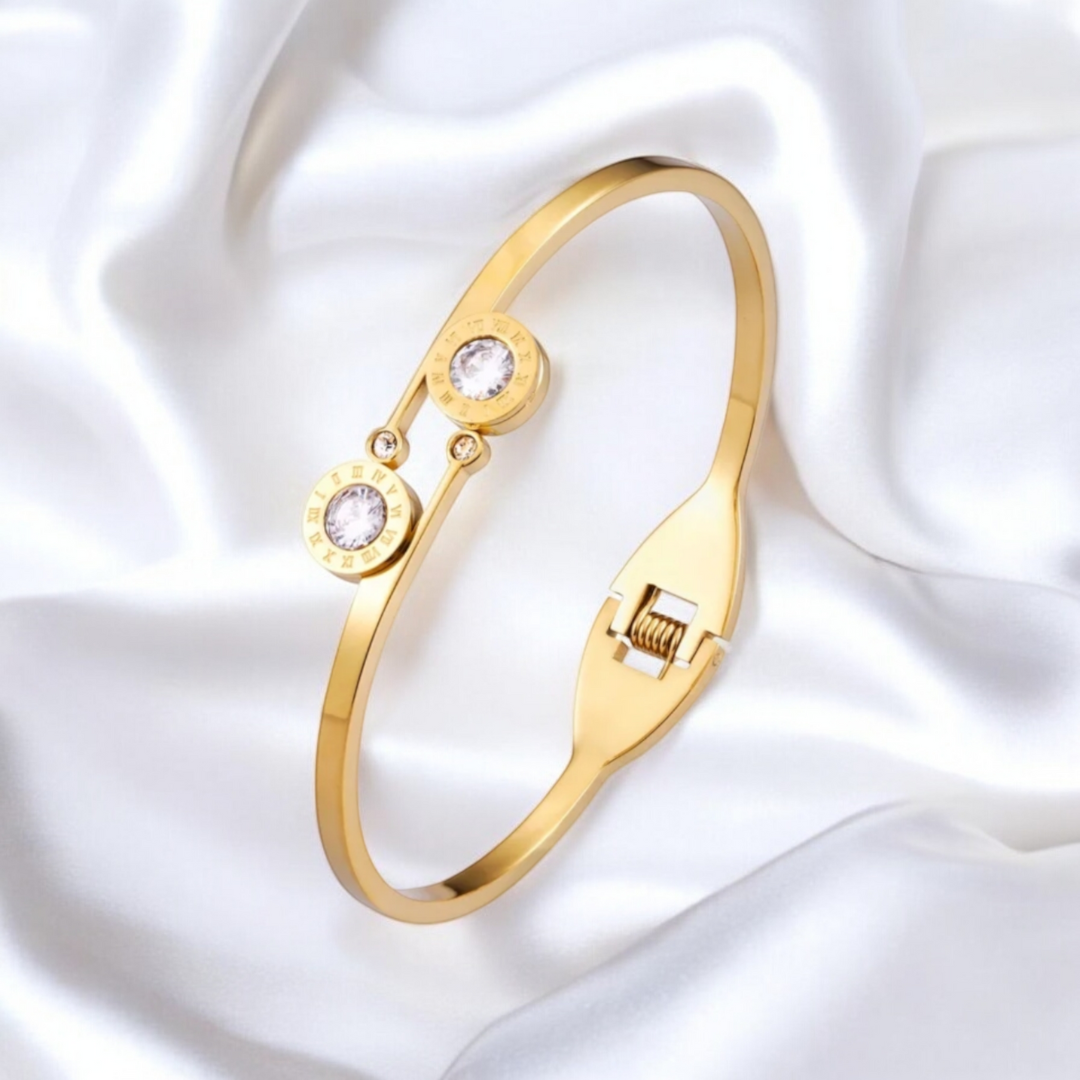 Steffi | Gold Plated Roman Numeral Zircon Cuff Bracelet Bangle