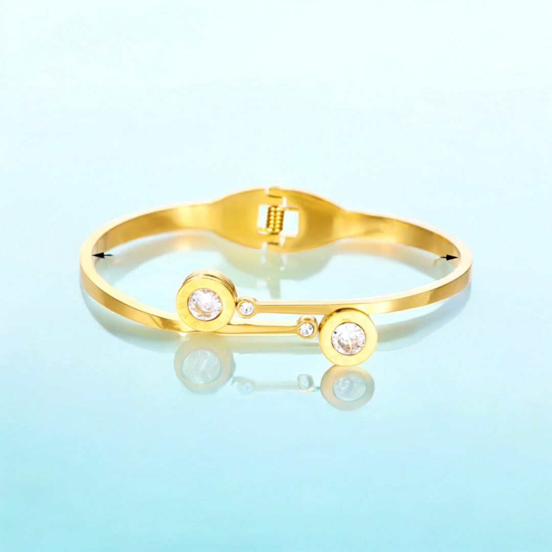 Steffi | Gold Plated Roman Numeral Zircon Cuff Bracelet Bangle