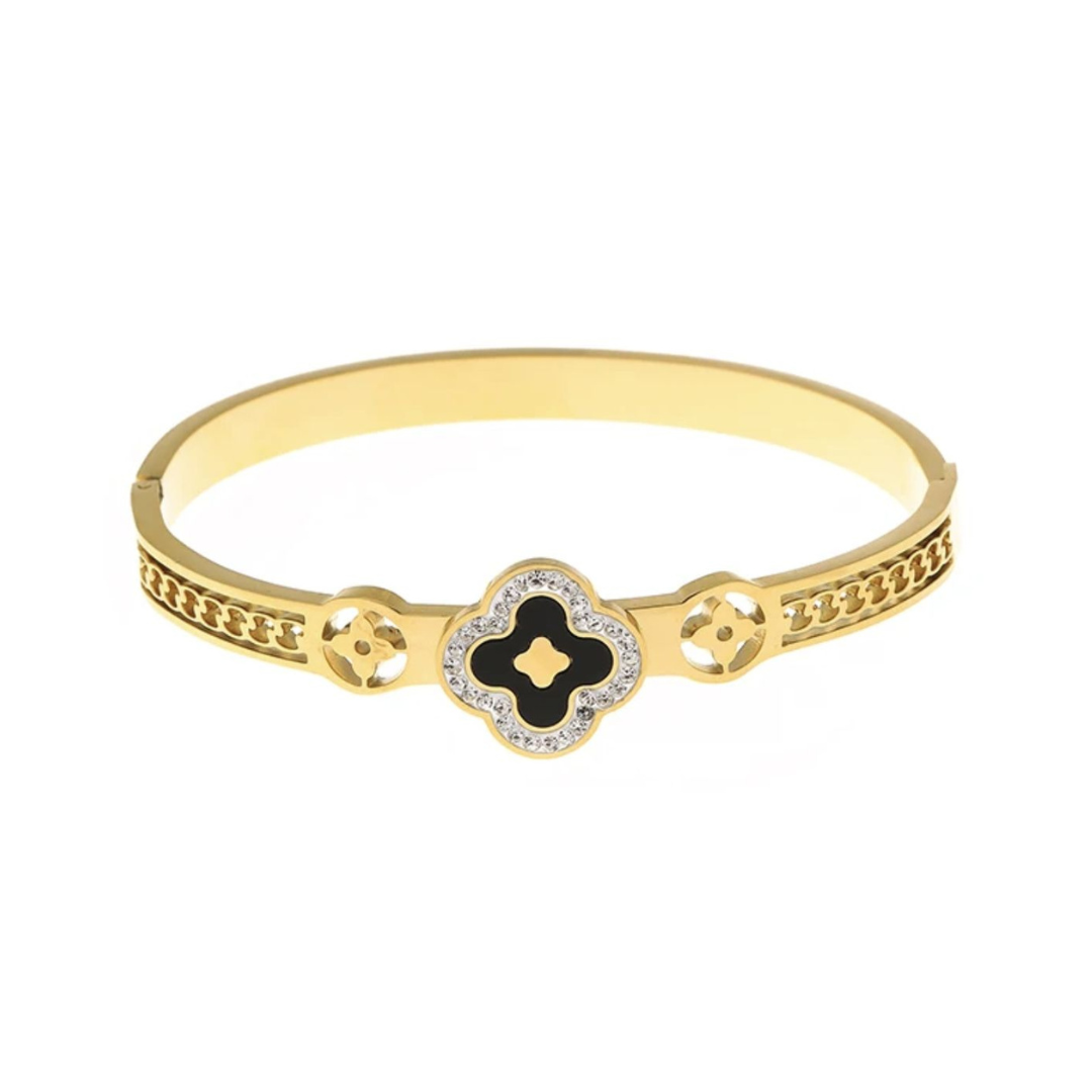 Alara | Gold Plated Black Clover Zircon Cuff Bracelet Bangle