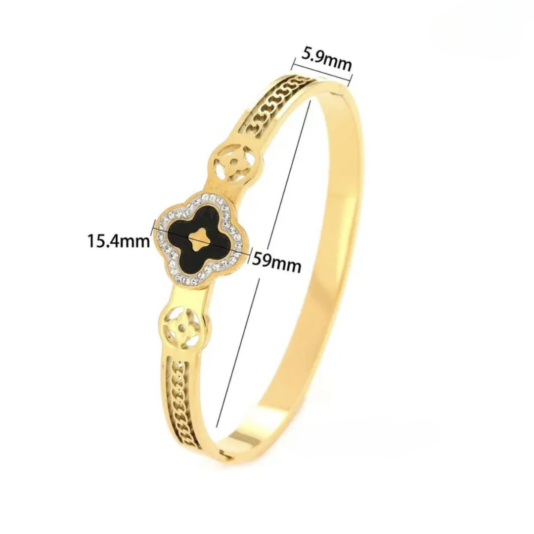 Alara | Gold Plated Black Clover Zircon Cuff Bracelet Bangle
